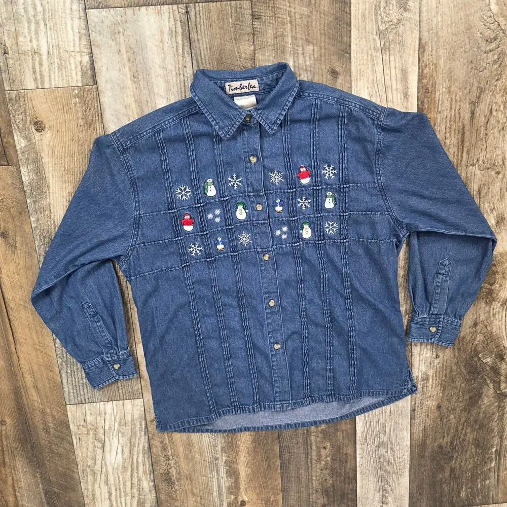 Vintage Christmas Denim Shirt Snowflake Holiday Size Small/Medium Embroidered
